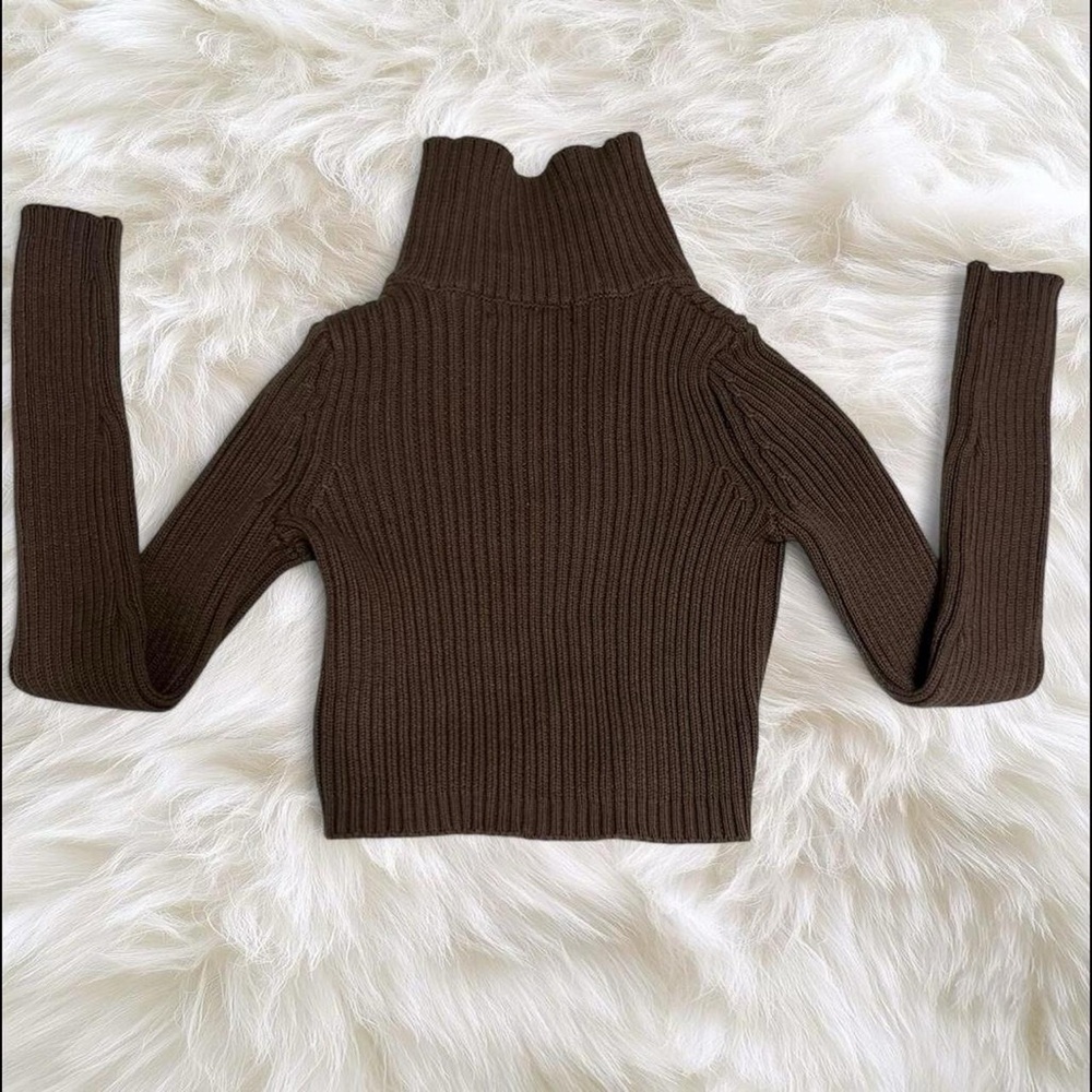 Brown Ribbed Zip-Up Sweater - Picture 2 of 5